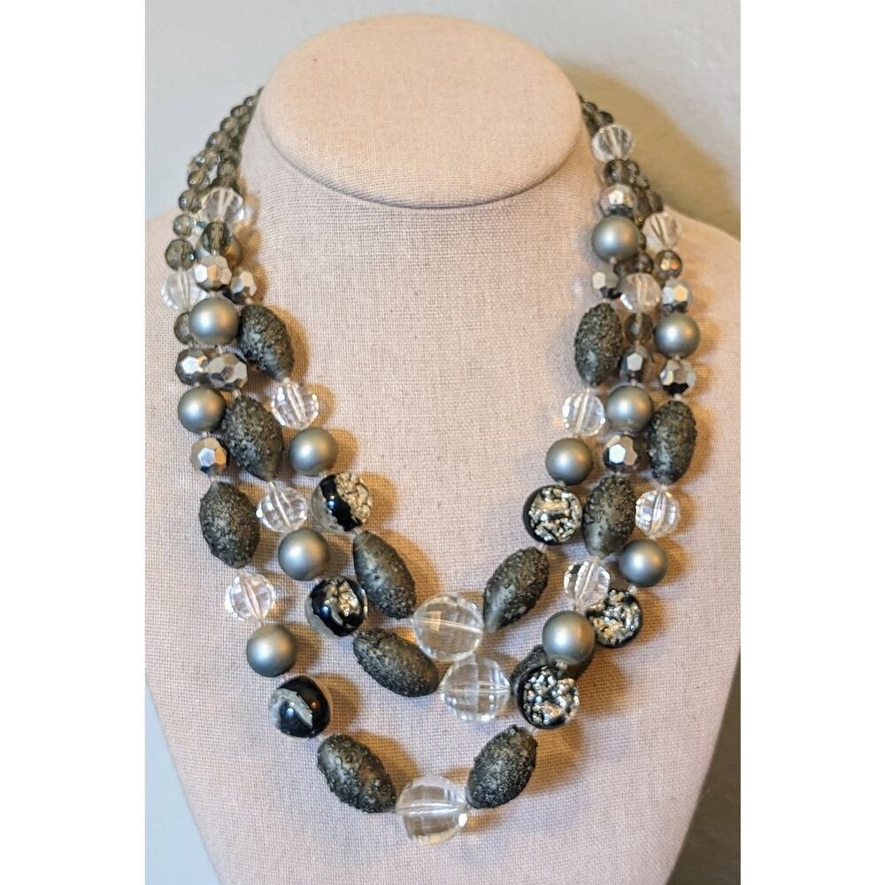 Vintage Gray Clear Faceted Crystal, Lava, Foil Bead Necklace W/ Fancy Clasp